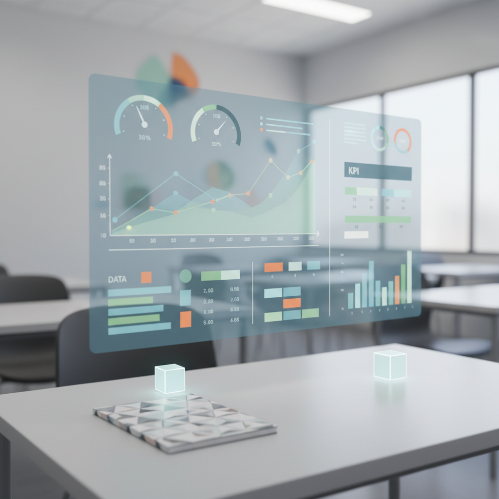Gran panel de control de analítica empresarial en estilo arte digital, ocupando el centro de la imagen como si flotara sobre un escritorio minimalista. El panel muestra gráficos de líneas suaves, indicadores tipo velocímetro, tarjetas de KPI y mapas de calor estilizados, todos en tonos azules, verdes y naranjas sobrios, sin texto legible. Debajo, un escritorio claro con textura suave, con una libreta geométrica y un par de cubos luminosos que simbolizan datos estructurados. Fondo desenfocado alude a un aula moderna de universidad mexicana, con formas arquitectónicas abstractas. Iluminación blanca neutra, uniforme, que resalta la nitidez de los elementos. Composición a nivel de ojo, en regla de tercios, transmitiendo claridad, orden y aprendizaje.