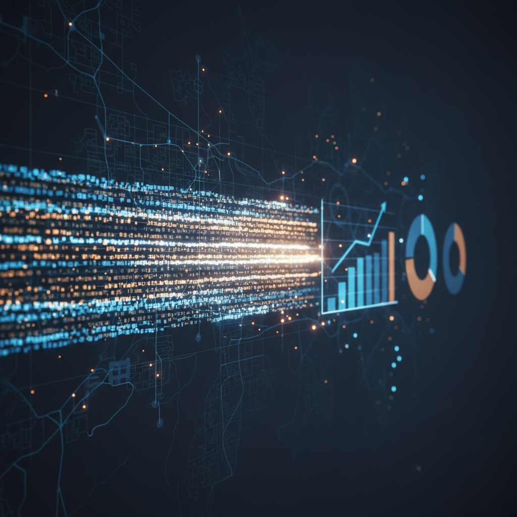 Escena conceptual de un flujo de datos aplicado a negocios: desde la parte izquierda emergen columnas de pequeños cubos de luz en colores azules y dorados, que viajan como ríos ordenados hacia la derecha, transformándose en gráficos simples de rentabilidad, un embudo de conversión y un diagrama de segmentos de clientes, todos sin texto. El fondo sugiere un mapa de la Ciudad de México estilizado, apenas insinuado con líneas tenues y puntos luminosos. Luz de estudio con suaves brillos que dan sensación tecnológica pero cercana. Toma en vista panorámica, con líneas de perspectiva que guían la mirada a través del flujo. Estilo digital-art moderno, dinámico, que transmite movimiento, análisis y toma de decisiones informada.