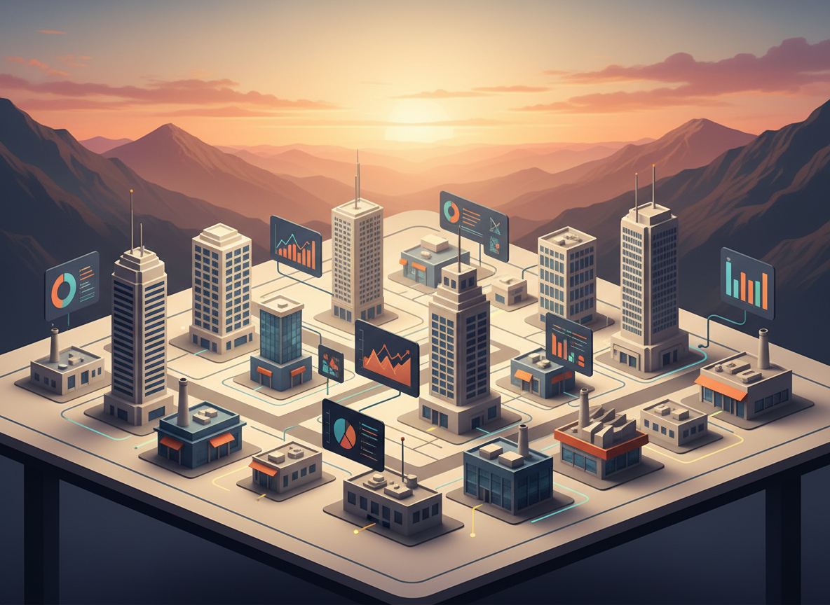 Mesa de trabajo de proyecto de analítica empresarial para un caso de mercado mexicano, en estilo arte digital ultra ordenado. Sobre una superficie clara se ven maquetas isométricas de edificios de oficinas, tiendas y fábricas miniatura, interconectadas por líneas luminosas que representan flujos de datos. Entre los edificios se elevan pequeños dashboards flotantes con gráficos coloridos pero sobrios, sin texto. En el borde superior se insinúan montañas y un cielo degradado que evocan el paisaje de la Ciudad de México de manera abstracta. Luz cálida y difusa, como de tarde, aportando cercanía sin perder profesionalismo. Toma ligeramente cenital, con composición equilibrada, que sugiere análisis de cadenas de valor, logística y ventas.